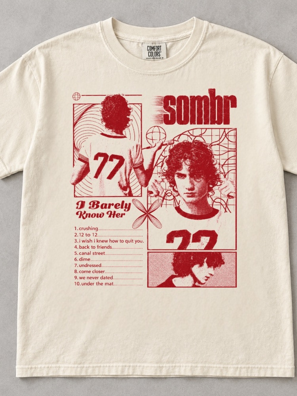 Comfort Colors Sombr I Barely Know Her Tour Tracklist Red Vintage White T-Shirt